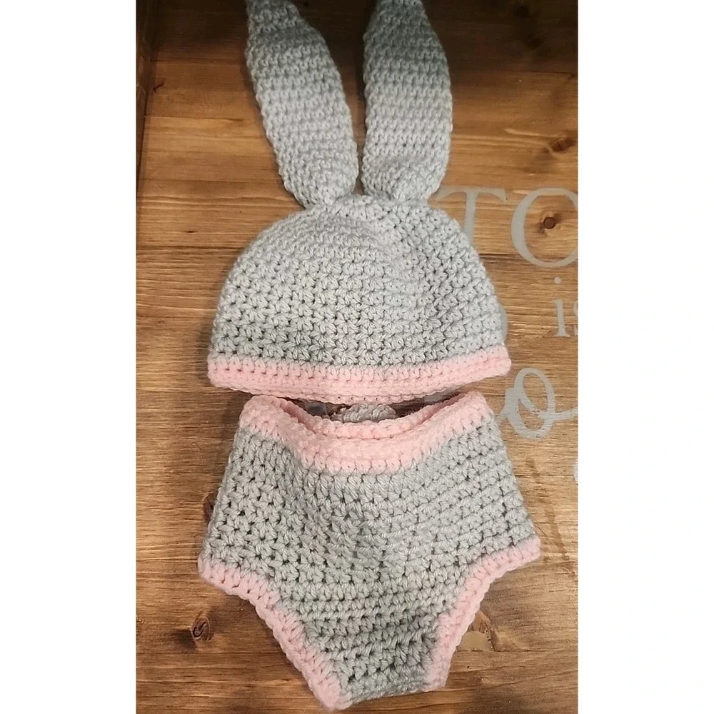 NEW Baby Girl Easter Bunny Rabbit Crochet Hat Diaper Cover Photo Prop Outfit Set